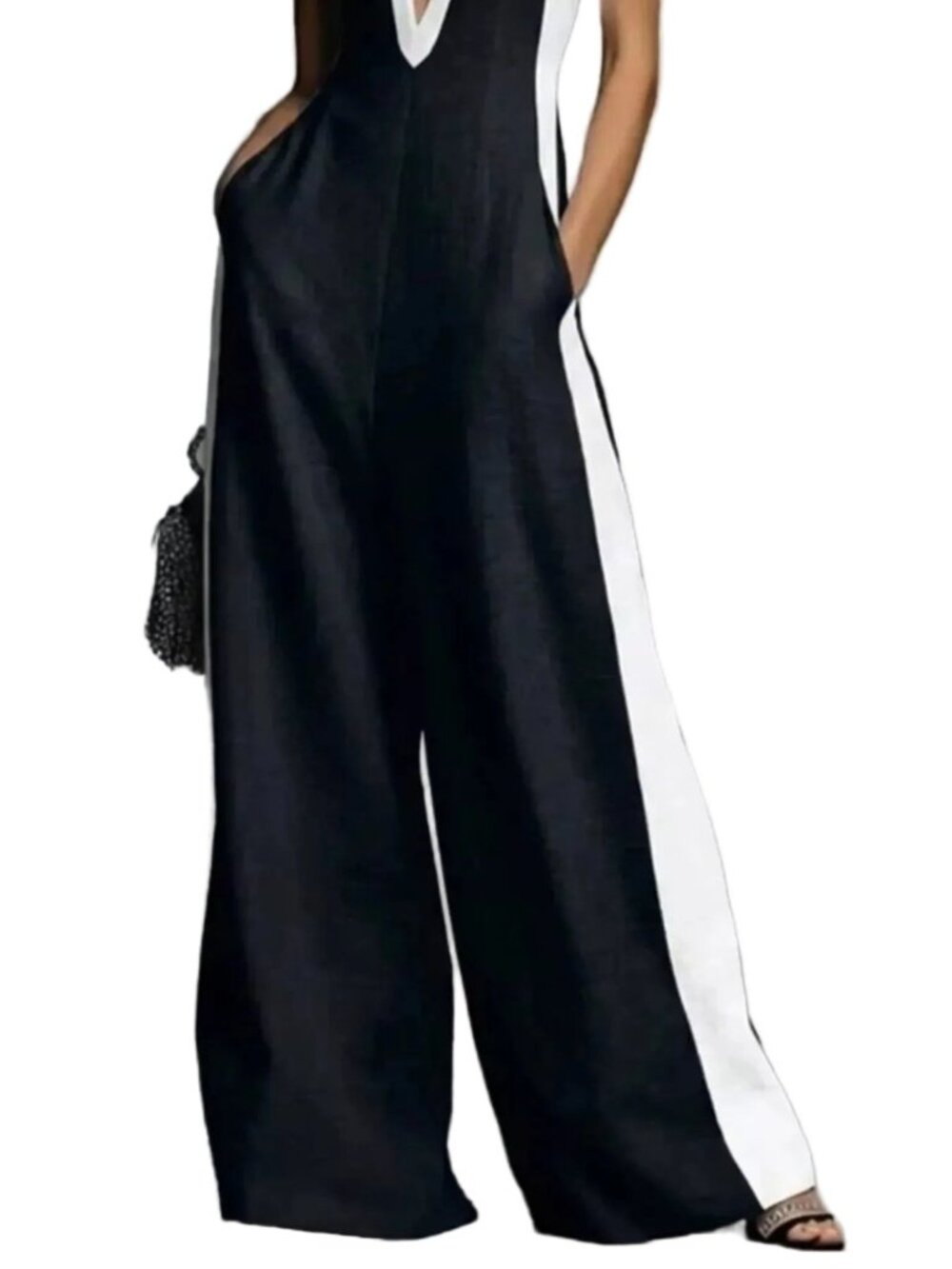 Contrasting Deep V-Neck Wide Leg Pants Sleeveless One-Piece Zipper Back Jumpsuit - Picture 5 of 6
